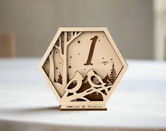 Engraved Bird Family Wedding Table Numbers - Rustic Table Decor - Wooden Table Numbers With Customization - Wedding Reception Decor