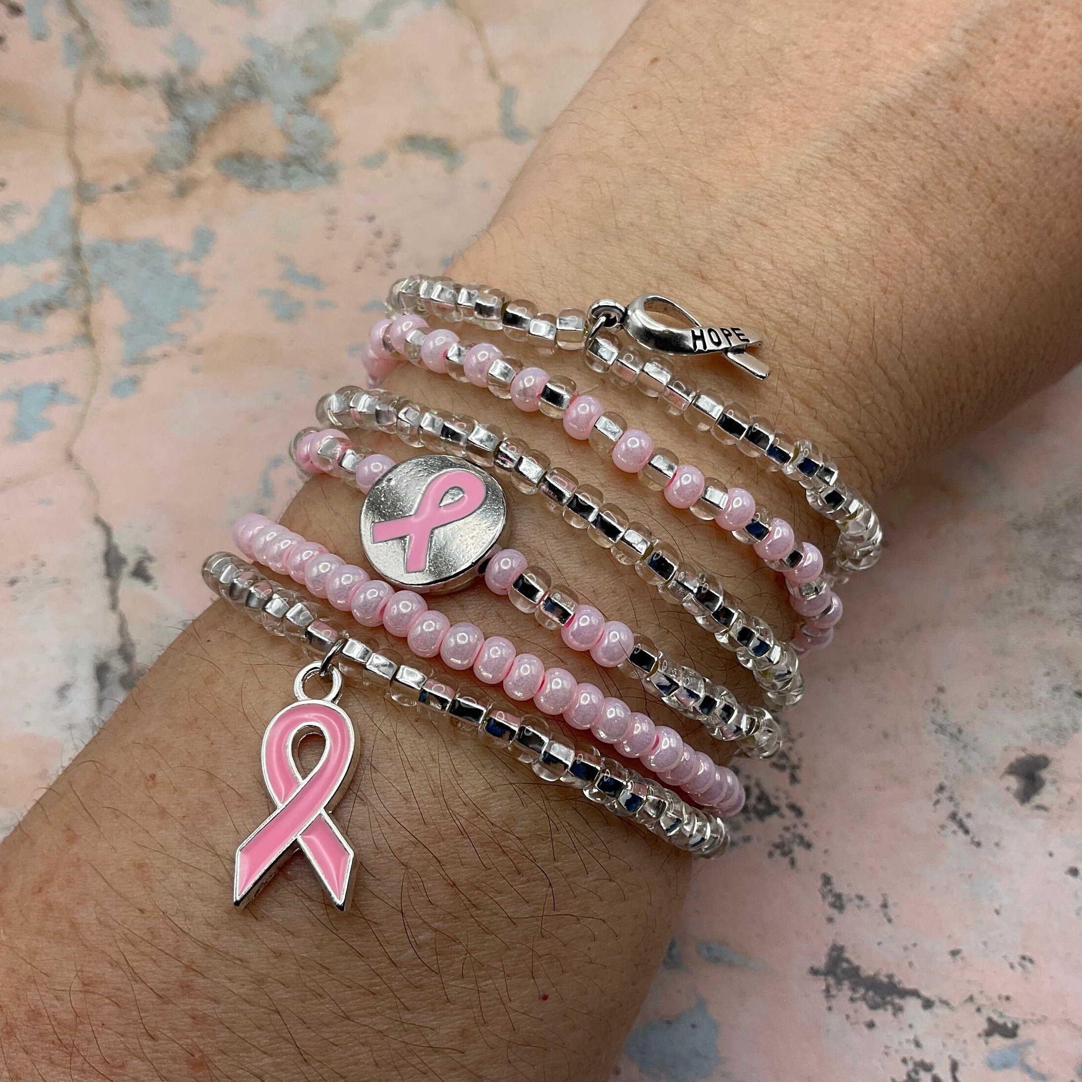 Women's Pink Ribbon Breast Cancer Awareness Glass Bead Charm Bracelet, 7-7.75 with Extender (Cross, Angel, Hope Gold Tone)