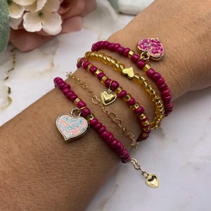 Valentine’s Day hot pink glass seed bead bracelet set. Personalized Heart, birthstone crystal, zodiac sing, initial/letter charm gift