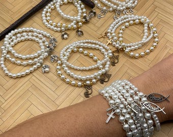White pearl beaded stretch bracelets & religious charms: cross, blessed fish, dove. Spiritual gift. First Communion gift. Christian bracelet