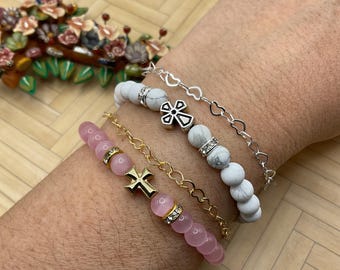 Pink & White beaded Cross stretch bracelets. First Communion gift. Christian cross bracelet. Religious bracelet. Handmade spiritual jewelry