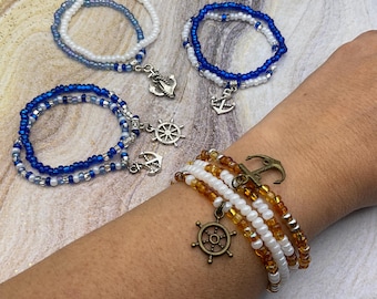 Navy beaded bracelet set. Summer stretch anklet. Handmade beach bracelets. Nautical bracelet set. Naval Sailor anchor & helm charm bracelet