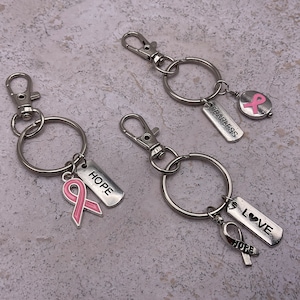 Breast cancer keychain silver tone. Pink ribbon keychain. Ribbon charm keychain. Hope ribbon keychain. Inspirational word charm key chain