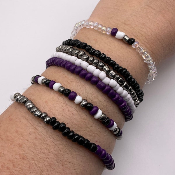 Asexual Demisexual stretch bracelets. LGBTQ+ handmade bracelets. Purple, white, gray/silver, black glass seed beads bracelets