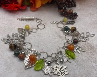 Fall, Autumn leaves link chain bracelet. Antique silver tone chain handmade bracelets with assorted style leaf & beads. Christmas gift