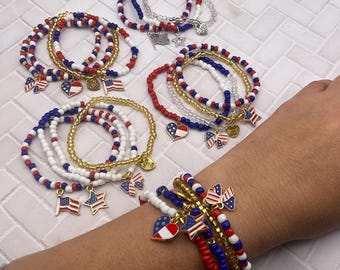 American flag stretch bracelet. USA flag bracelet. 4th of July Red, blue and white bead stackable bracelet & stars. US Patriotic anklet