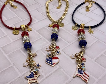 Rearview mirror car charm USA Patriotic. American flag car pendant. Red white blue 4th of July beaded purse charm. 250th Independence Day