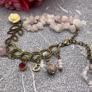 October birthday Rose quartz bead link chain bracelet. Antique gold chain handmade bracelet & assorted stone beads charms. Christmas gift