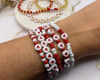 Valentine’s Day Red heart and glass seed bead stretch bracelet sets. Red heart & white beaded bracelets. Valentine’s Day bracelet gift