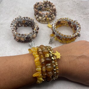 Autumn-Fall Brown Zebra Jasper Memory wire bracelet. Maple leaf & pinecone charm cuff bracelet. Yellow agate multistrand handmade bracelet