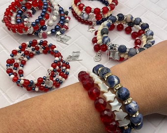 250th Patriotic memory wire bracelets. American flag wrap bracelet. Red, white, blue cuff bracelet. Independence Day patriotic handmade gift
