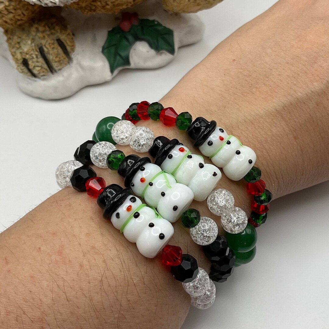 Snowman Christmas Stretch Bracelet. Stackable Handmade Christmas