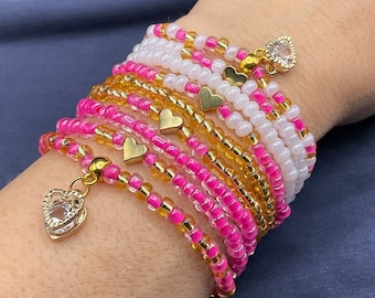 Valentine’s Day Clear Pink and Golden heart bead stretch handmade bracelet. Czech Glass seed bead & zirconia heart charm. Gift for Mom, Aunt