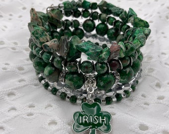 Saint Patrick’s Day Green Jasper stone Memory wire bracelet silver tone. Handmade Irish charm bangle bracelet. Perfect Mother’s Day gift