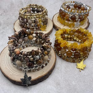 Autumn-Fall Brown Zebra Jasper Memory wire bracelet. Maple leaf & pinecone charm cuff bracelet. Yellow agate multistrand handmade bracelet