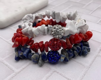 American Flag color chip beads stretch bracelet. Patriotic anklet. Stackable handmade bracelets. US flag charm bracelet set. America 250