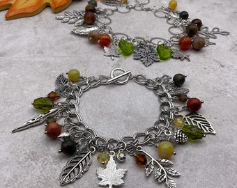 Fall, Autumn leaves link chain bracelet. Antique silver tone chain handmade bracelets with assorted style leaf & beads. Christmas gift