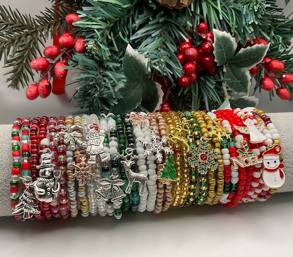 Set of Three Christmas Bracelets Holiday Beaded Bracelets Noel