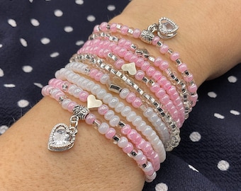 Valentine’s Day Light Pink and Silver heart charm stretch bracelet. Czech glass seed bead &silver tone heart charm. Mother’s Day gift