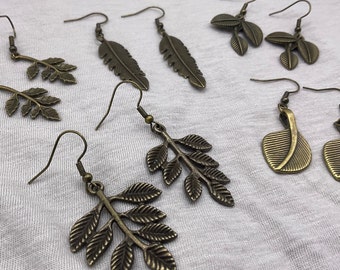 Fall leaf bronze leaf earrings. Assorted tree leaf charms antique bronze tone. Handmade Autumn earring set. Feather earrings