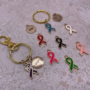 Ribbon Cancer keychain golden tone. Disease awareness keychain gift. Inspirational charm keychain. Cancer Support gift. Cancer survivor gift