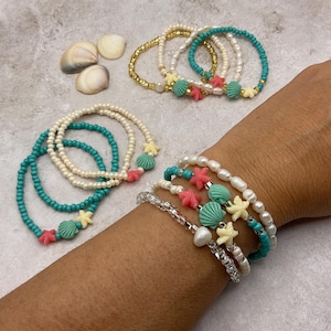 Shell & starfish glass seed bead stretch bracelets. Marine beaded stretch anklet. Handmade summer bracelets. Stackable beach bracelet set
