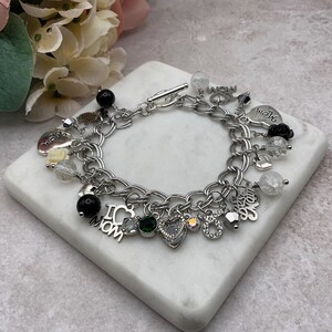 Mother’s Day multi charm chain bracelet silver tone. Personalizable gift for Mom. Black & white charm bracelet. Zodiac and birthstone charm