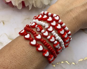 Valentine’s Day red & white heart white glass seed bead stretch bracelet. Love stretch bracelet. Perfect Valentine’s Day gift for her