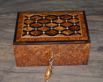 Mother of Pearl Inlaid Thuya Wood Jewelry Box - Lockable Keepsake Chest