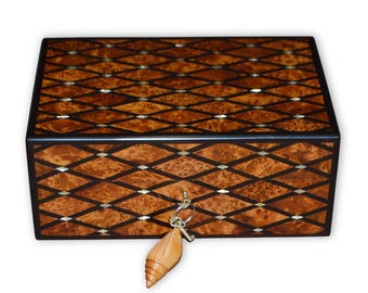 Thuya Wood Jewelry Box, Mother of Pearl Inlay, Moroccan Lockable Keepsake Organizer