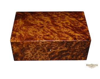 Handmade Thuya Burl Wooden Jewelry Box, Moroccan Keepsake Organizer, Locking Storage