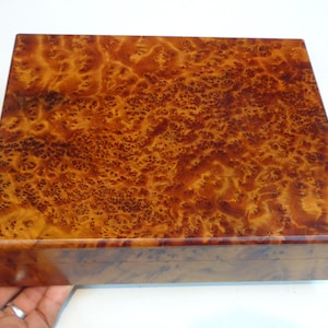 Può includere: Una scatola di legno con una ricca finitura in legno di radica marrone. La scatola ha una superficie liscia e lucida e una forma rettangolare.