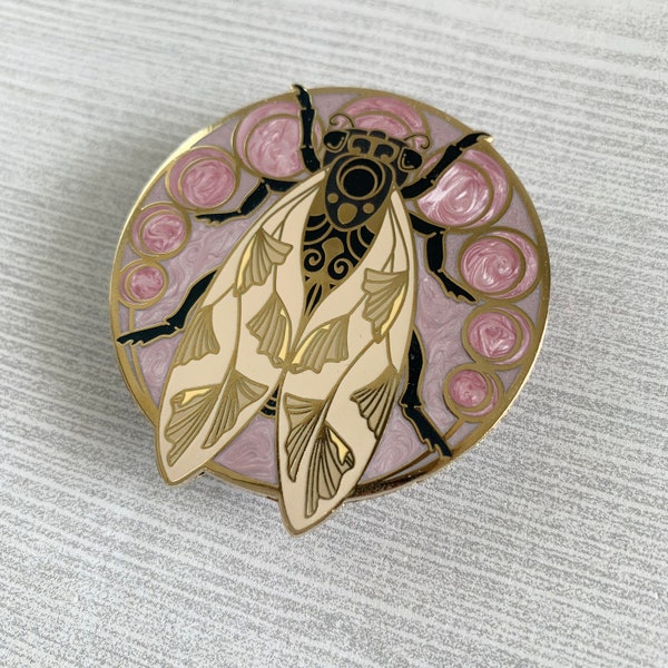 Pearl Cicada Art Nouveau Hard Enamel Pin, Art Deco, Bug, Insect, Beetle, Original Art, Vintage Style Pin