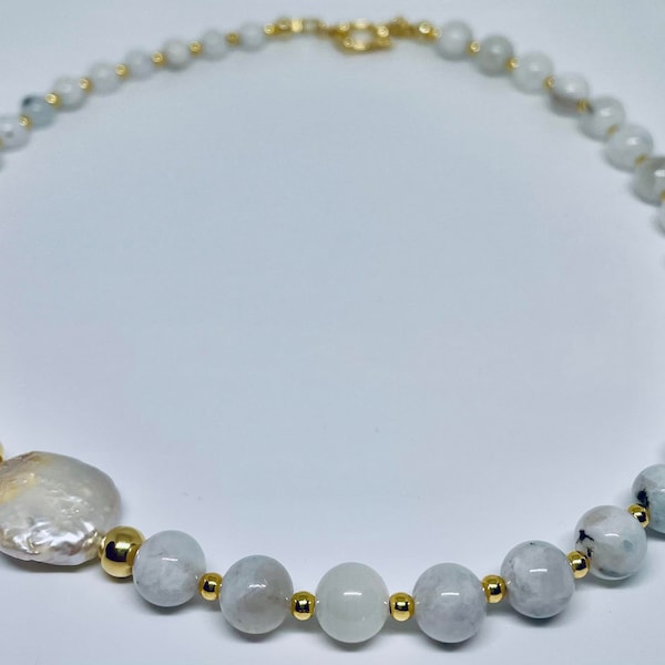 Baroque freshwater pearl, natural Moonstone, wedding, white necklace, bride jewellery