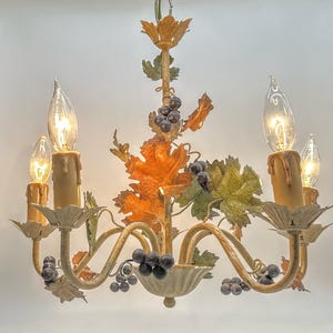 Vintage tole chandelier with grapes and leaves ~ five-light floral wine cellar chandelier ~ 18 inches dia