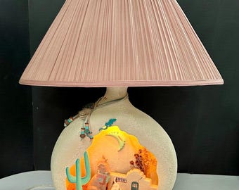 Vintage coyote cactus diorama table lamp with shade