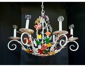 Vintage hand-painted tole autumn leaves chandelier with six lights