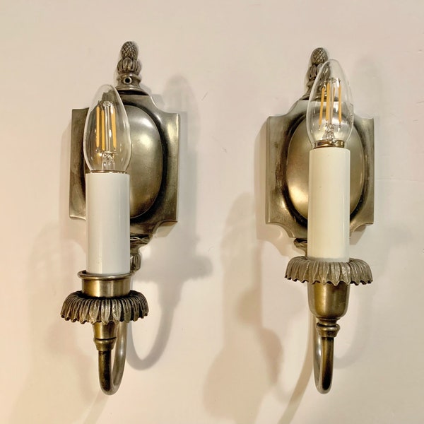 Early 1900s Georgian Bradley & Hubbard signed pewter sconces ~ Colonial sconces ~ hardwired