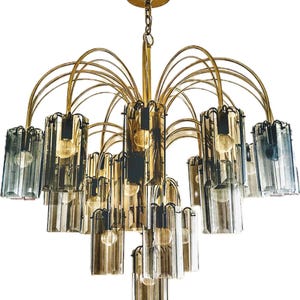 Large vintage 1970s chandelier with 22 lights and smoked glass crystals ~ modernist statement chandelier by Forecast Lighting ~ 38” dia