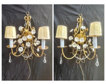 Vintage Floral Tole Sconce Pair: Gold Plug-In Wall Lights with Crystals