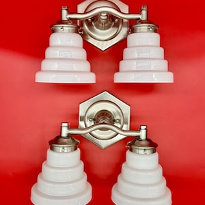 Art Deco Revival Sconces: Vianne Cased-Glass Step Shades, Brushed Nickel Pair