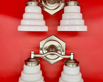 Art Deco Revival Sconces: Vianne Cased-Glass Step Shades, Brushed Nickel Pair