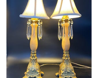 Vintage Art Deco Table Lamps: Onyx Base, Crystal, Winged Nymphs (Pair)