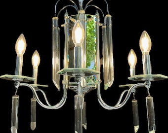 Vintage mirror and crystal 6-light chandelier with shades