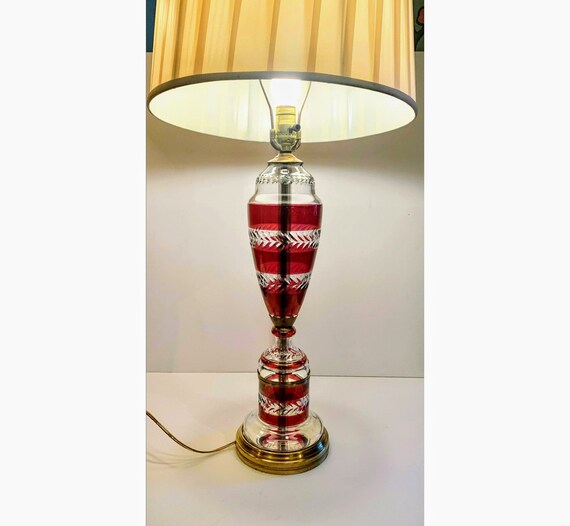 Large Vintage Midcentury Cranberry Cut, Antique Cranberry Glass Table Lamps