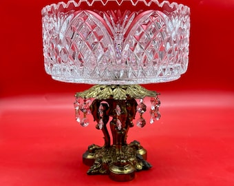 Vintage cut-crystal compote bowl on stand with ornate metal base and dangling crystals ~ 1970s fruit bowl in excellent condition