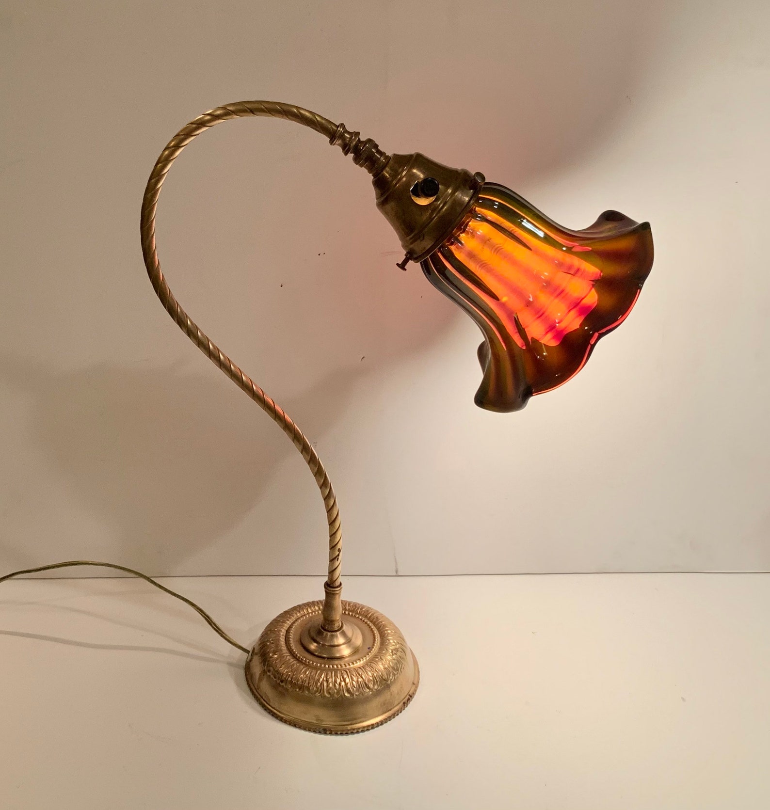 Antique brass swan neck desk lamp with iridescent teal art Etsy