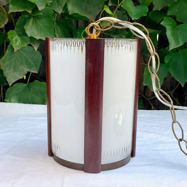 Vintage 1960s midcentury modern wood and glass pendant light by Puritan Lighting Fixture Co ~ atomic pendant light ~ 8.5” tall ~ rewired