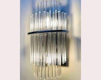Vintage 2-light modernist glass rod chrome sconce in the style of Gaetano Sciolari - 2 available