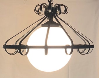 Vintage Mid-Century Wrought Iron Scroll Pendant Light with Milk Glass Globe